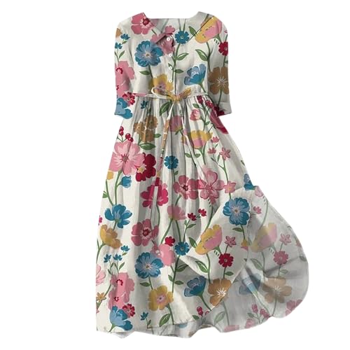 Sommerkleid Damen Lang Baumwolle Blusenkleid Hemdkleid 3/4 Ärmel Revers Tunika Freizeitkleid A Linie Fließend Maxikleid Boho Blumenkleid Elegant T-Shirt Kleid mit Tasten Gürtel Partylkleid von Generic