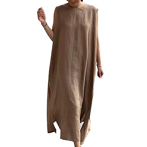 Sommerkleid Damen Lang Baumwolle Leinen Kleider Ärmellos Rundhals Boho Kleid Maxi Solide Casual Rundhals Leinenkleid Strandkleid Einfarbig Locker Kaftan Langes Freizeitkleid A Linie Lang Maxikleider von Generic