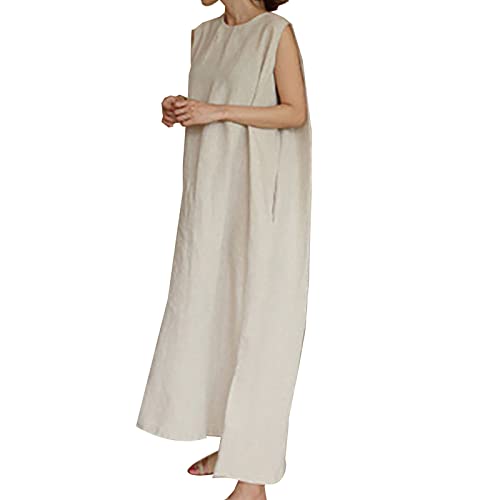 Sommerkleid Damen Lang Baumwolle Leinen Kleider Ärmellos Rundhals Boho Kleid Maxi Solide Casual Rundhals Leinenkleid Strandkleid Einfarbig Locker Kaftan Langes Freizeitkleid A Linie Lang Maxikleider von Generic