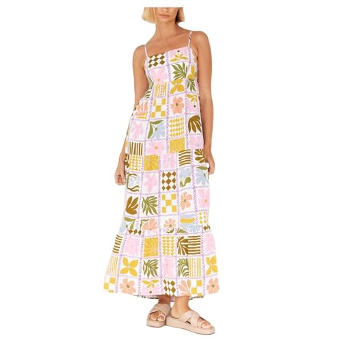 Sommerkleid Damen Lang Boho Elegant Kurzarm V-Ausschnitt Hohe Taille Swiss Dot Gerafft Blumen Strandkleid Maxikleid von Generic