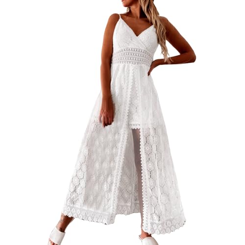 Sommerkleid Damen Lang Boho - Hohe Taille Strandkleid Weiß Blusenkleid Sommer Freizeitkleid Große Größen Kleider Träger Kleid Cami Tank Freizeitkleider Elegant Chiffon Maxikleid Sexy V Ausschnitt von Generic