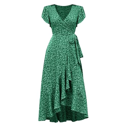 Sommerkleid Damen Lang Boho Kleid Rüschen Maxikleid Mit Gürtel Blumenkleid V-Ausschnitt Strandkleid Blumendruck Bohokleid Hohe Taille Tunikakleid High Low Wickelkleid Freizeitkleider von Generic