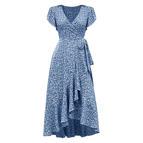 Sommerkleid Damen Lang Boho Kleid Rüschen Maxikleid Mit Gürtel Blumenkleid V-Ausschnitt Strandkleid Blumendruck Bohokleid Hohe Taille Tunikakleid High Low Wickelkleid Freizeitkleider von Generic