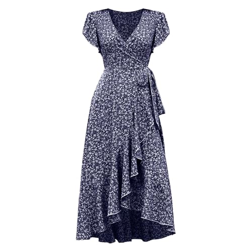 Sommerkleid Damen Lang Boho Kleid Rüschen Maxikleid Mit Gürtel Blumenkleid V-Ausschnitt Strandkleid Blumendruck Bohokleid Hohe Taille Tunikakleid High Low Wickelkleid Freizeitkleider von Generic