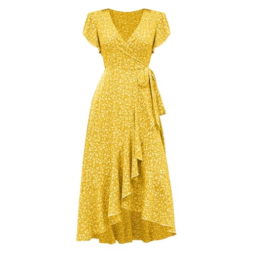 Sommerkleid Damen Lang Boho Kleid Rüschen Maxikleid Mit Gürtel Blumenkleid V-Ausschnitt Strandkleid Blumendruck Bohokleid Hohe Taille Tunikakleid High Low Wickelkleid Freizeitkleider von Generic