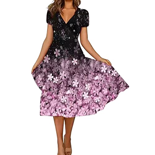 Sommerkleid Damen Lang Chiffon Kleider Knielang Midikleid A-Linie Kleid Blumen Boho Strandkleid Lässiges Kurzarm Blusenkleid V-Ausschnitt Elegant Partykleid Polka Dot Druck Freizeitkleid von Generic