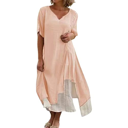 Sommerkleid Damen Lang Einfarbige Blusenkleid Kurzarm V-Ausschnitt Maxikleid Unregelmäßig Strandkleid Partykleid Plus Size Freizeitkleid Knöchellang Maxi A-Linien Kleid Lässig Skaterkleid (Red, XXL) von Generic