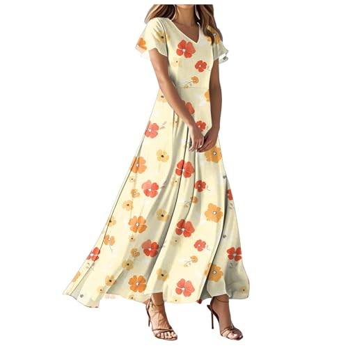 Sommerkleid Damen Lang Elegant Rüschen Wickelkleid Damen Blumen Sommerkleider Leicht Luftig Curvy Strandkleid Frauen V Ausschnitt Tailliert Kleider Kleid Kurzarm Lang Sommerkleid Boho Blumenkleid von Generic