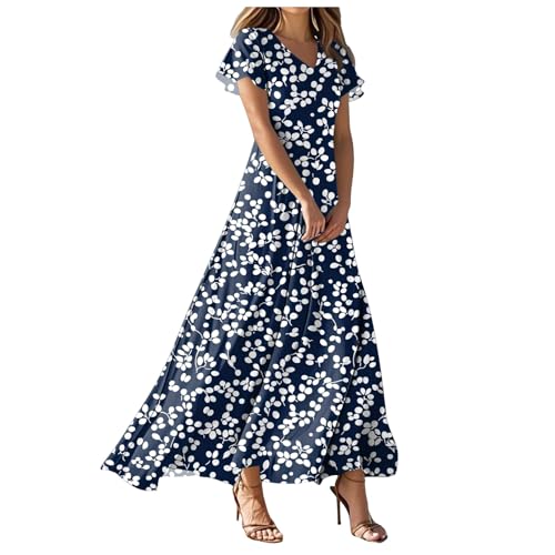 Sommerkleid Damen Lang Elegant Rüschen Wickelkleid Damen Blumen Sommerkleider Leicht Luftig Curvy Strandkleid Frauen V Ausschnitt Tailliert Kleider Kleid Kurzarm Lang Sommerkleid Boho Blumenkleid von Generic