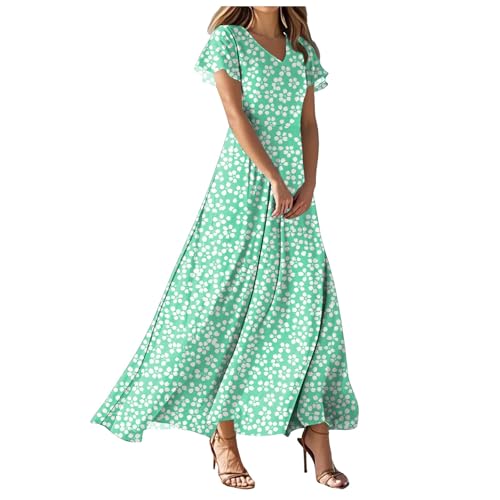 Sommerkleid Damen Lang Elegant Rüschen Wickelkleid Damen Blumen Sommerkleider Leicht Luftig Curvy Strandkleid Frauen V Ausschnitt Tailliert Kleider Kleid Kurzarm Lang Sommerkleid Boho Blumenkleid von Generic