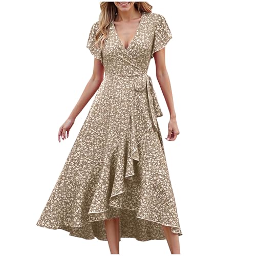 Sommerkleid Damen Lang Elegant Rüschen Wickelkleid Sommer Blumen Sommerkleider Leicht Und Luftig Curvy Strandkleid Frauen V Ausschnitt Tailliert Kleider Geblümt Blumenkleid von Generic