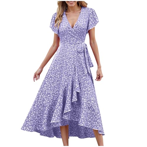 Sommerkleid Damen Lang Elegant Rüschen Wickelkleid Sommer Blumen Sommerkleider Leicht Und Luftig Curvy Strandkleid Frauen V Ausschnitt Tailliert Kleider Geblümt Blumenkleid von Generic