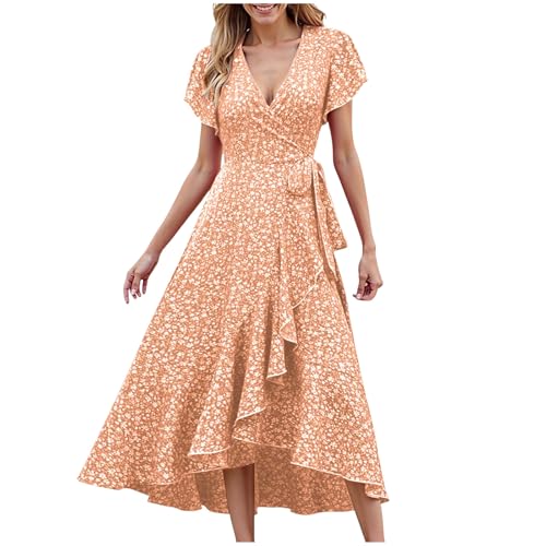 Sommerkleid Damen Lang Elegant Rüschen Wickelkleid Sommer Blumen Sommerkleider Leicht Und Luftig Curvy Strandkleid Frauen V Ausschnitt Tailliert Kleider Geblümt Blumenkleid von Generic