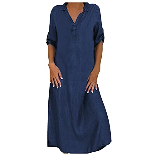 Sommerkleid Damen Lang - Jeanskleid Damen Sommer Kurzarm Blusenkleid V Ausschnitt Maxikleid Lockeres Jeans Kleid mit Taschen Shirtkleid Langes Kleid A Linie Leicht Tunikakleid Freizeitkleid von Generic