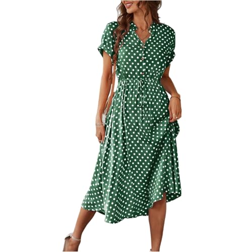 Sommerkleid Damen Lang Kleid Damen Kurze Sommer Elegant Rundhals Kurzarm Wickelkleid Plissee A-Linie Kleider Klassisch Polka Dot A-Linien Sommerkleid mit Gürtel Sommer 2025 M C Army Green von Generic