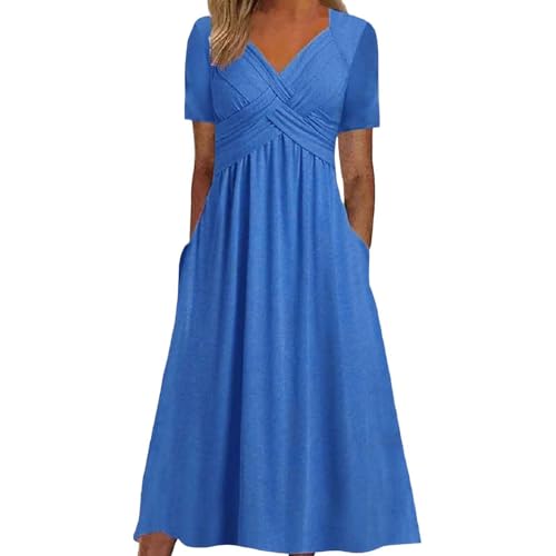 Sommerkleid Damen Lang Kleider Damen Sommer A Linien Kleid Swing Sommerkleider Plisseekleid Maxikleid Schwarz Langes Kurzarm Summer Dress Freizeit Damenkleider von Generic