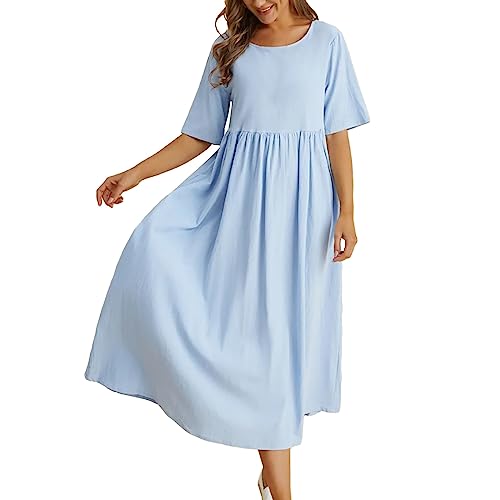 Sommerkleid Damen Lang Leinen V-Ausschnitt Minikleid Swing Blusenkleid a Linie Shirtkleid Mit Knöpfen Strandkleider Kleid A-Linie Kleid Tunika Damen Sommer von Generic