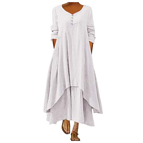 Sommerkleid Damen Lang - Leinenkleid Damen Sommer -Maxikleid Damen Langarm Asymmetrische Saum Einfarbig Lässiges Lockeres Rundhals Langes Kleider Boho Vintage Strandkleid Freizeitkleid Große Größen von Generic