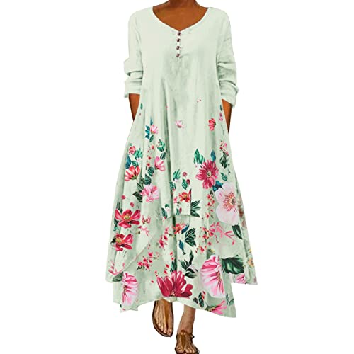 Sommerkleid Damen Lang - Leinenkleid Damen Sommer -Maxikleid Damen Langarm Asymmetrische Saum Einfarbig Lässiges Lockeres Rundhals Langes Kleider Boho Vintage Strandkleid Freizeitkleid Große Größen von Generic