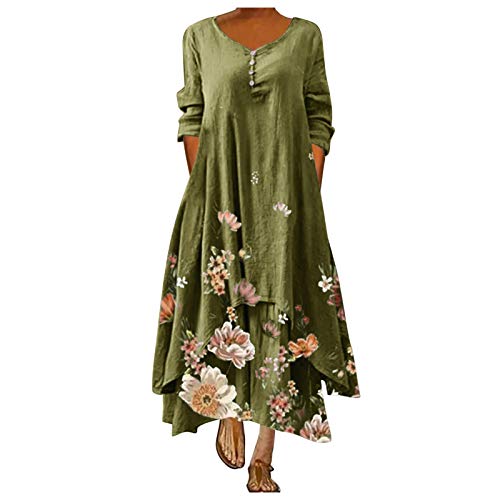 Sommerkleid Damen Lang - Leinenkleid Damen Sommer -Maxikleid Damen Langarm Asymmetrische Saum Einfarbig Lässiges Lockeres Rundhals Langes Kleider Boho Vintage Strandkleid Freizeitkleid Große Größen von Generic