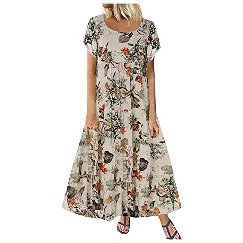 Sommerkleid Damen Lang - Leinenkleid Damen Sommer Maxikleid Kurzarm Blumen Drucken Vintage Lange Kleider Boho Strandkleid Lässig Locker Kurzarm Rundhals Leicht Luftige Maxi Freizeitkleid Partyklei von Generic