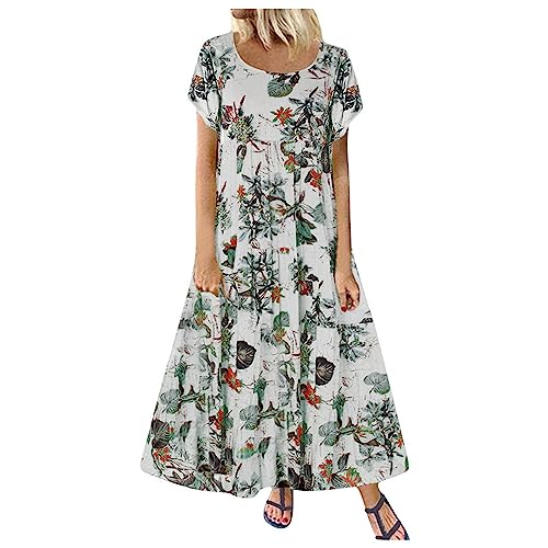 Sommerkleid Damen Lang - Leinenkleid Damen Sommer Maxikleid Kurzarm Blumen Drucken Vintage Lange Kleider Boho Strandkleid Lässig Locker Kurzarm Rundhals Leicht Luftige Maxi Freizeitkleid Partyklei von Generic