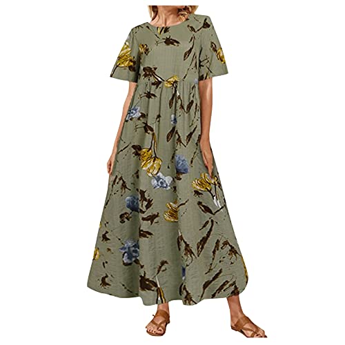 Sommerkleid Damen Lang - Leinenkleid Sommer Maxikleid Kurzarm Ethno Blumen Drucken Vintage Langer Kleider Boho Strandkleid Lässig Locker Kurzarm Rundhals Maxi Freizeitkleid Partykleid von Generic