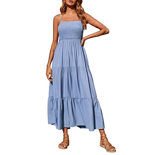 Sommerkleid Damen Lang -Maxikleid Damen Elegant Strandkleid Spaghetti Trägerkleid Rüschen Saum Freizeitkleider Boho Volant Kleid Strandkleider Sommer Lange Partykleid Maxi Kleider für Frauen von Generic