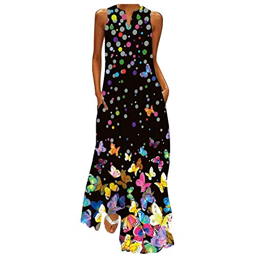 Sommerkleid Damen Lang - Maxikleid Damen V Ausschnitt -Langes Kleid Große Größen Strandkleid Ärmellos Blumen Druck Blusenkleid Sommer Lockeres Leichte Kaftan Boho Kleider Festlich Elegant Partykleid von Generic