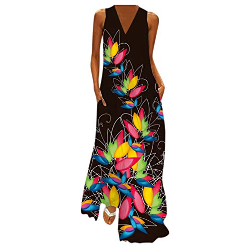 Sommerkleid Damen Lang - Maxikleid Damen V Ausschnitt -Langes Kleid Große Größen Strandkleid Ärmellos Blumen Druck Blusenkleid Sommer Lockeres Leichte Kaftan Boho Kleider Festlich Elegant Partykleid von Generic