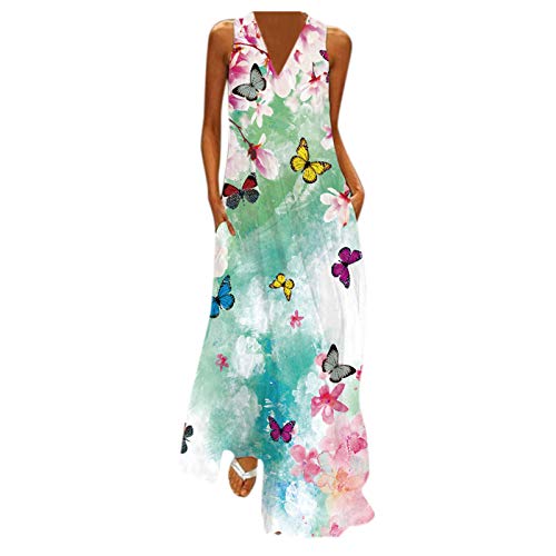 Sommerkleid Damen Lang - Maxikleid Damen V Ausschnitt -Langes Kleid Große Größen Strandkleid Ärmellos Blumen Druck Blusenkleid Sommer Lose Fit Leichte Kaftan Boho Kleider Festlich Elegant Partykleid von Generic