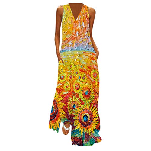 Sommerkleid Damen Lang - Maxikleid Damen V Ausschnitt -Langes Kleid Große Größen Strandkleid Ärmellos Blumen Druck Blusenkleid Sommer Lose Fit Leichte Kaftan Boho Kleider Festlich Elegant Partykleid von Generic