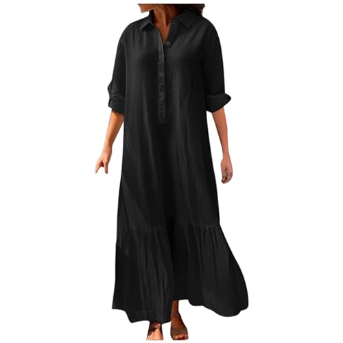 Sommerkleid Damen Lang Maxikleid Große Größen Leinen Kleider Elegant Langarm Blusenkleid Leinenkleid Damen Sommer Strandkleid Hemdblusenkleid Blusenkleid Locker Casual Freizeitkleid Strandkleider von Generic