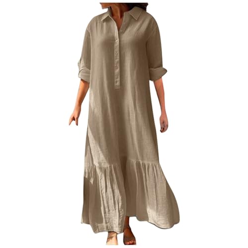 Sommerkleid Damen Lang Maxikleid Große Größen Leinen Kleider Elegant Langarm Blusenkleid Leinenkleid Damen Sommer Strandkleid Hemdblusenkleid Blusenkleid Locker Casual Freizeitkleid Strandkleider von Generic