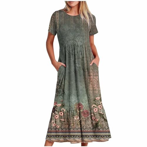 Sommerkleid Damen Lang Maxikleid Retro Blumenkleid Sommer Bohemia Strandkleid Rundhals Kurzarm T-Shirtkleid Große Größen Freizeitkleid Hohe Taille Kleider Lässig Bequeme Frauenkleid von Generic