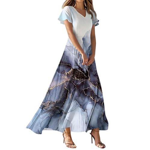 Sommerkleid Damen Lang Maxikleid Sommer V Ausschnitt Kleid Kurzarm und Rüschen Lässiges Hohe Taille Strandkleid Freizeitkleid,Blau,L von Generic