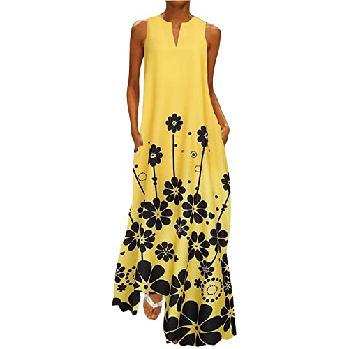 Sommerkleid Damen Lang - Maxikleid V Ausschnitt Langes Kleid Große Größen Strandkleid Ärmellos Blusenkleid Blumen Drucken Sommer Locker Kaftan Boho Kleider Festlich Elegant Partykleid von Generic