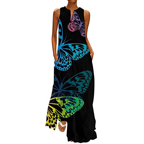 Sommerkleid Damen Lang - Maxikleid V Ausschnitt Langes Kleid Große Größen Strandkleid Ärmellos Blusenkleid Blumen Drucken Sommer Locker Kaftan Boho Kleider Festlich Elegant Partykleid von Generic