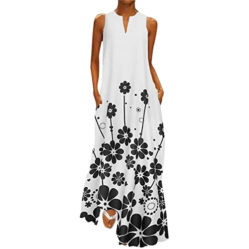 Sommerkleid Damen Lang - Maxikleid V Ausschnitt Langes Kleid Große Größen Strandkleid Ärmellos Blusenkleid Blumen Drucken Sommer Locker Kaftan Boho Kleider Festlich Elegant Partykleid von Generic