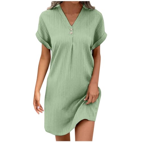 Sommerkleid Damen Lang Sommerkleid Damen Knopfleiste Knielang Strandkleid Einfarbig Komfortabel Boho Blusenkleid Style Freizeit Kleid (Mint Green-A, L) von Generic