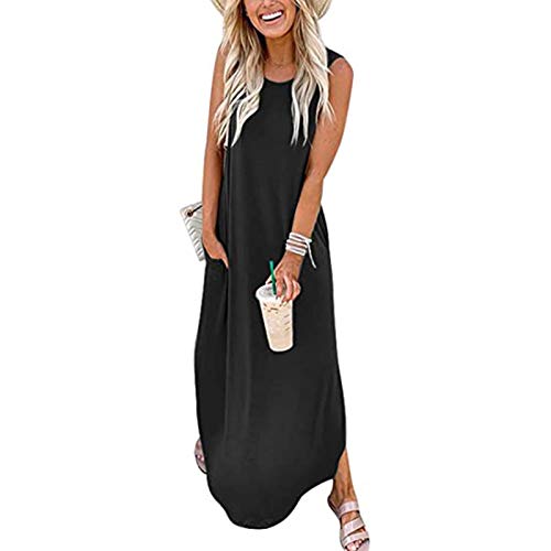 Sommerkleid Damen Lang - Strandkleid Damen Maxikleid - Langes T Shirt Kleid mit Schlitz Ohne Ärmel Rundhals Leicht Luftige Tank Shirtkleid Lässig Locker Freizeitkleid Elegant Kleider für Frauen von Generic