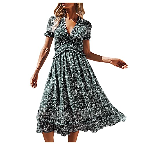 Sommerkleid Damen Lang - Strandkleid Damen Sommer Rüschen Kurzarm V Ausschnitt Maxikleid Elegant Tunika Boho Kleid Festliche Kleider für Mädchen Cocktailkleid Blusenkleid Partykleid Abendkleid von Generic
