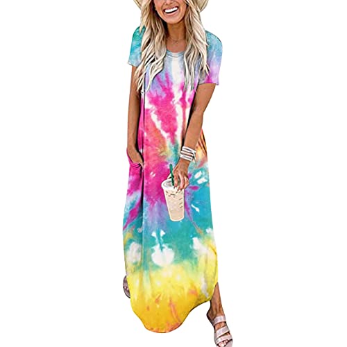 Sommerkleid Damen Lang - Strandkleid Damen Sommer T Shirt Kleid Kurzarm Maxikleid mit Schlitz Saum Batik Drucken Leicht und Luftig Langes Kleider Boho Shirtkleid Lockerer Freizeitkleid für Fauen von Generic