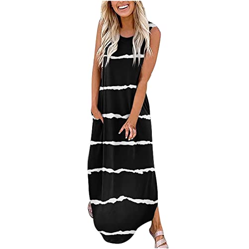 Sommerkleid Damen Lang - Strandkleid Sommer Maxikleid Gestreifte T Shirt Kleid Ärmellos Rundhals Lange Shirtkleid Streifen Lässig Locker Tank Sommerkleider Freizeitkleid Blusenkleid Kleider von Generic