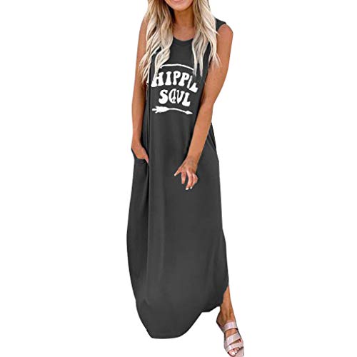 Sommerkleid Damen Lang - Strandkleid Sommer Maxikleid Ohne Ärmel Rundhals T Shirt Kleid mit HAPPLE Soul Brief Drucken Langes Shirtkleider Lässig Locker Sommerkleider Freizeitkleid Blusenkleid von Generic