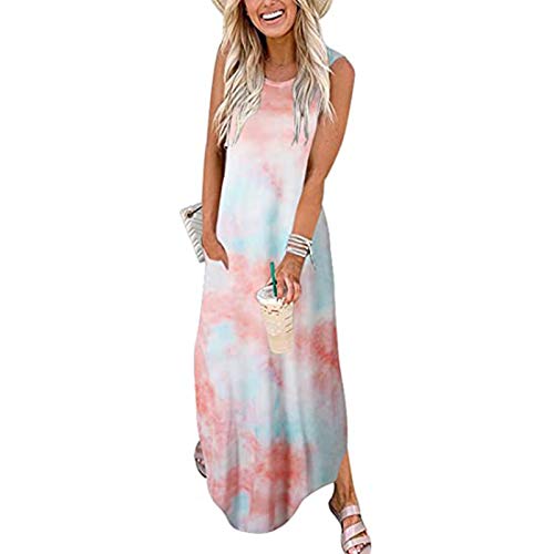 Sommerkleid Damen Lang - Strandkleid Sommer Maxikleid Ohne Ärmel T Shirt Kleid Damen Rundhals mit Aufdruck Lange Shirtkleid Lässig Locker Luftige Sommerkleider Freizeitkleid Blusenkleid von Generic