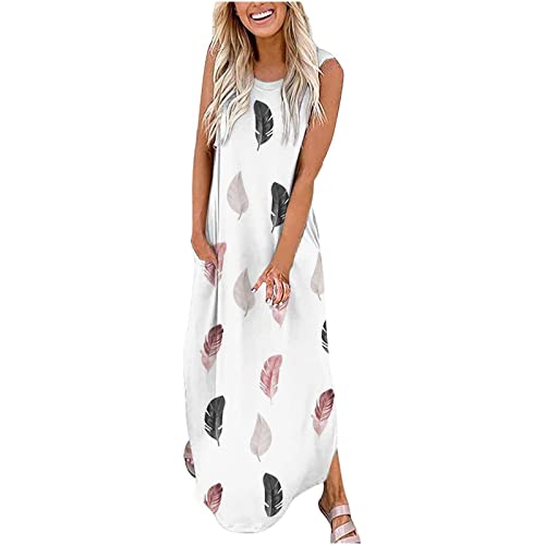 Sommerkleid Damen Lang - Strandkleid Sommer Maxikleid T Shirt Kleid Ärmellos Rundhals Lange Shirtkleid mit Blumenmuster Lässig Locker Schicke Tank Freizeitkleid Blusenkleid Blumenkleid von Generic