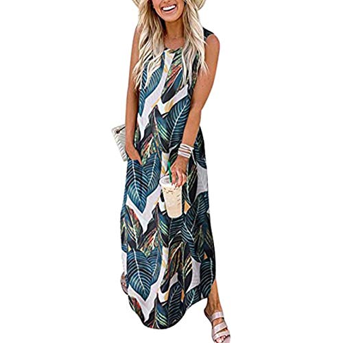 Sommerkleid Damen Lang - Strandkleid Sommer Maxikleid T Shirt Kleid Ohne Ärmel Rundhals mit Blumenmuster Drucken Langes Shirtkleid Lässig Locker Sommerkleider Freizeitkleid Blusenkleid von Generic