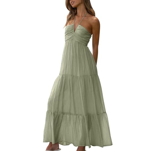 Sommerkleid Damen Lang -Strandkleid Trägerkleid Maxikleid Volant Kleid Spaghettiträger Freizeitkleid Swing Maxi Kleider Sommer Blumenkleider Rüschen Sommerkleider Lange Blumendruck Kleid von Generic