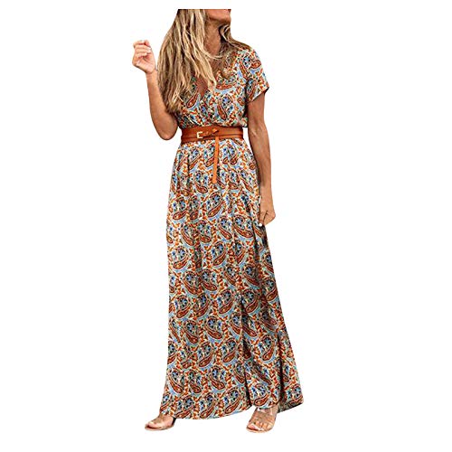 Sommerkleid Damen Lang mit Gürtel - Strandkleid Damen Sommer -Boho Kleid Damen Kurzarm V Ausschnitt Maxikleid Blumen Druck Langes Kleider Festlich Elegant Lässiges Slim Fit Freizeitkleid Partykleid von Generic